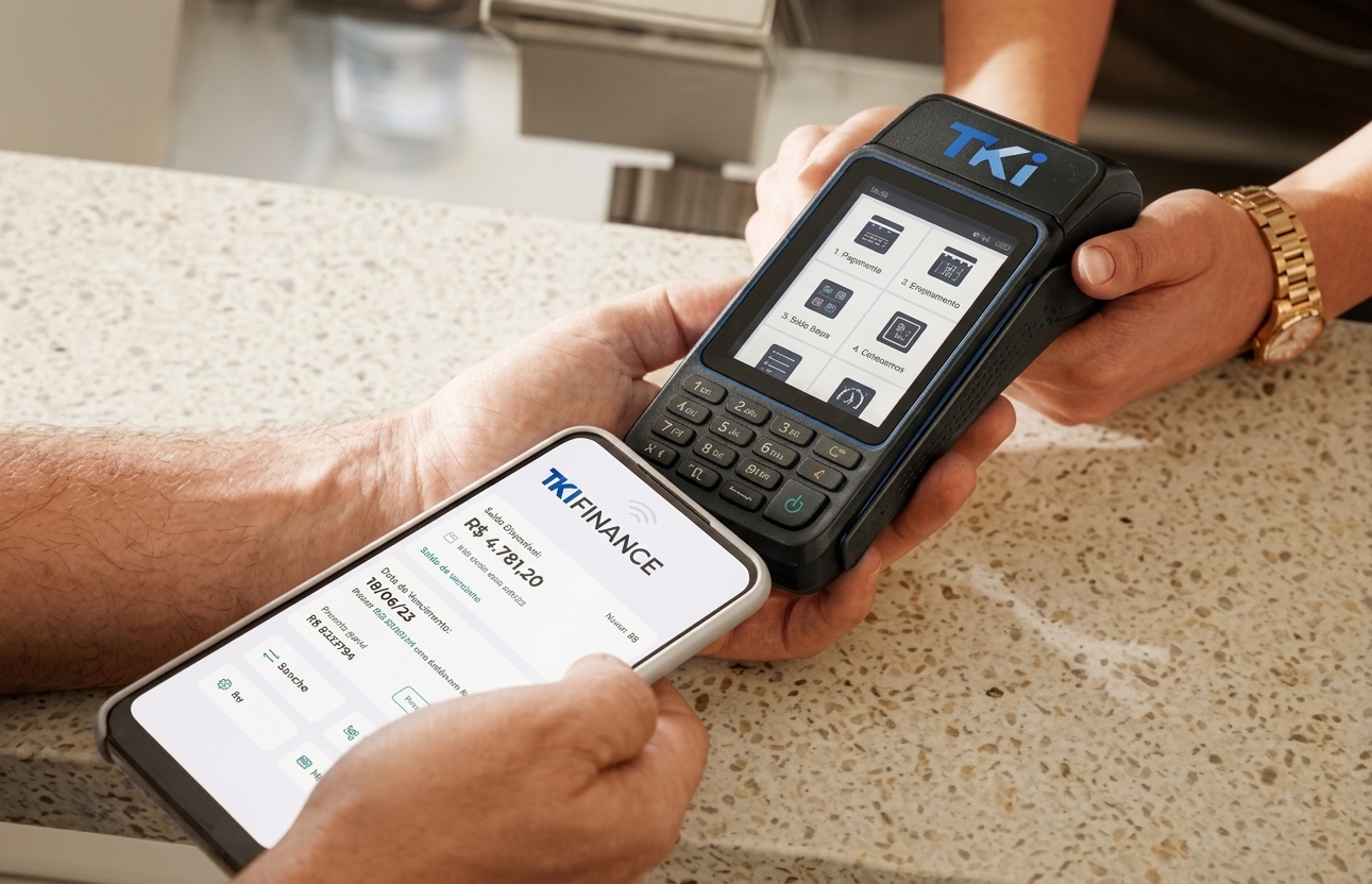 Maquininha de cartão personalizada com a marca TKI ao lado do aplicativo TKI Finance aberto no celular